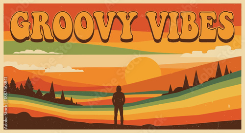 A lone person standing on a hill with groovy vibes at sunset in a serene landscape view