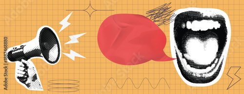 Retro vintage pop art halftone dotted style open-mouth screaming women shouting announcement blank speech bubble banner for social media cover, banner website header with comic book style paper cutout