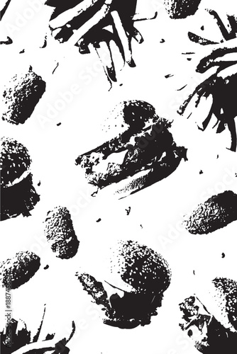 Truffles in various forms in artistic black and white illustration on textured paper for gourmet cuisine