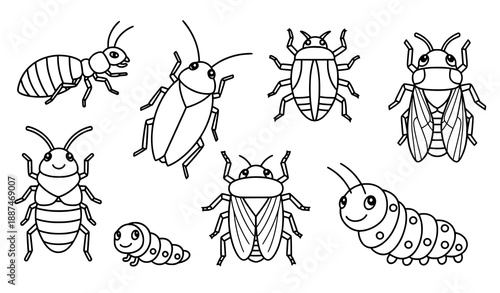 Cute outline insect icons vector set featuring termite, cockroach, cicada, larva, and true bug