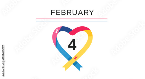 World Cancer Day February 4 Calendar Illustration with Awareness Ribbon Heart