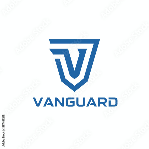 Modern blue shield monogram letter V logo for secure corporate protection and professional defense services branded as VANGUARD