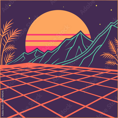 Retro 80s Synthwave Grid with Sunset Color Palette