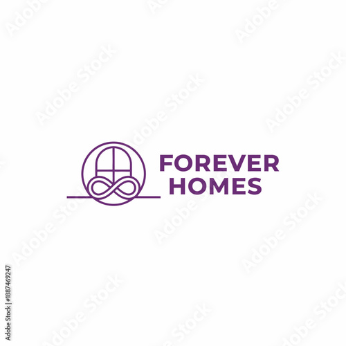 Elegant infinity house window line art logo for real estate and permanent residency branding representing the name FOREVER HOMES.