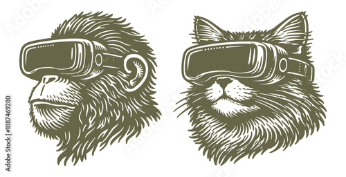 Chimpanzee and cat both wearing virtual reality headsets looking forward.