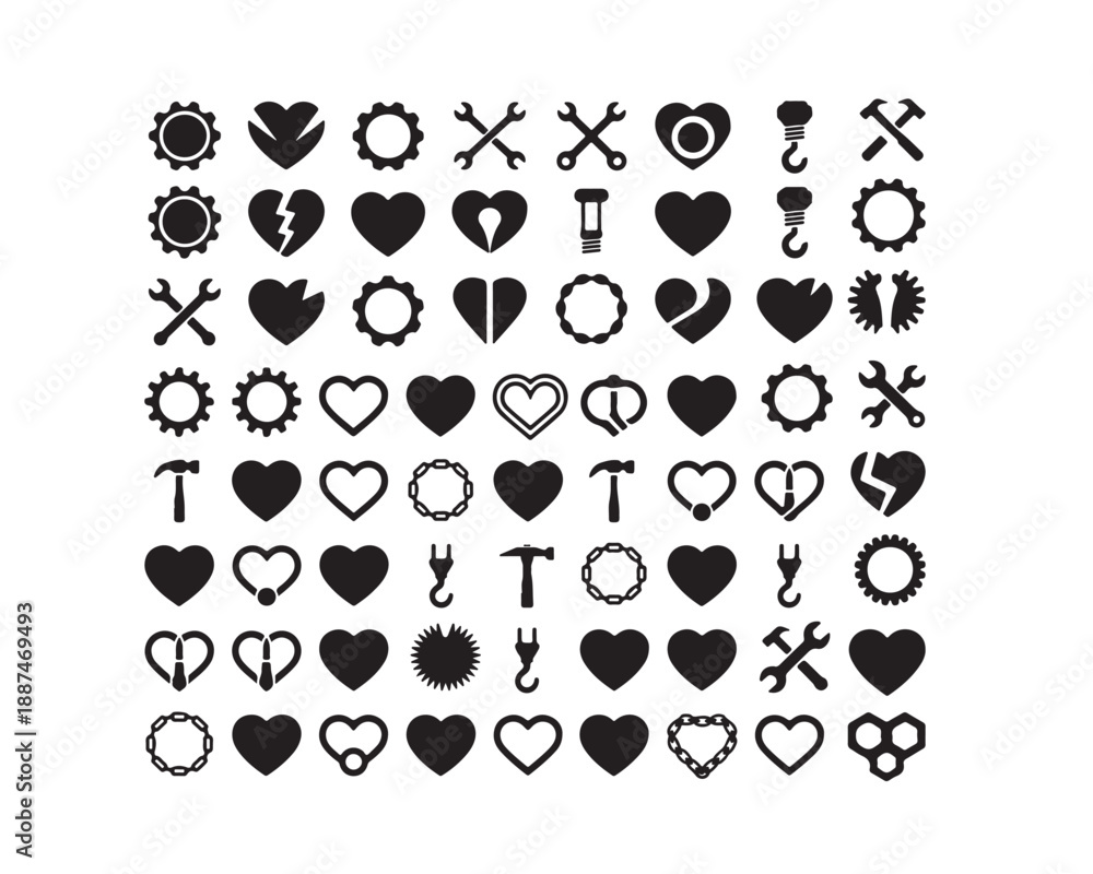 Fototapeta premium Industrial hardware heart icons with tools and gears for DIY craft projects and construction themed Valentine designs, vector illustration