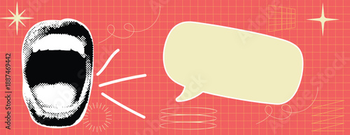 Retro Pop Art Banner with halftone Screaming mouth retro vintage comic style pop art Open screaming Mouth paper cutouts collage with blank speech bubble box for promotion banner retail event promotion