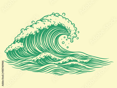 Stylized green ocean wave illustration in a vintage engraving style.