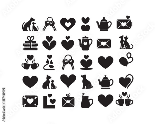 Cozy home and tea time silhouette icons including teapots, letters, and cats for romantic Valentine's Day decorations, vector illustration