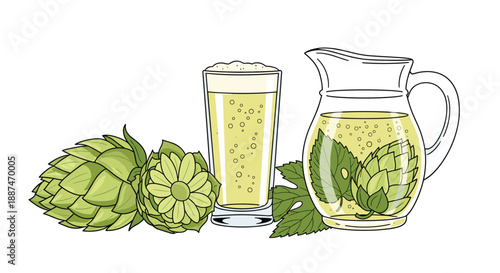 Refreshing glass of light beer served next to a full pitcher and fresh green hop flowers with leaves in illustration.