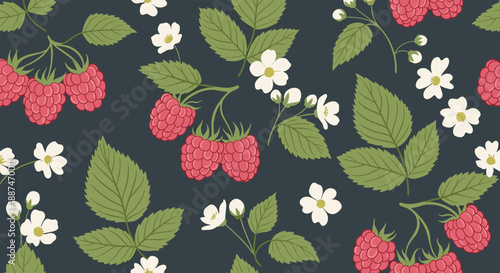 Seamless botanical pattern of ripe red raspberries with green leaves and delicate white flowers on dark background.