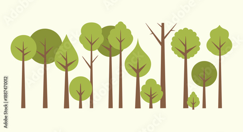 Stylized forest landscape featuring various green trees of different shapes and heights against a pale cream backdrop.