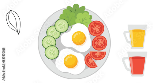 Healthy breakfast plate featuring two fried eggs with sliced tomatoes and cucumbers served with fresh fruit juices.