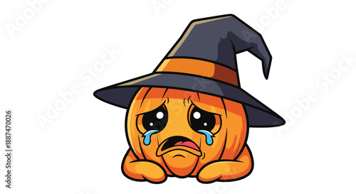 Emotional cartoon pumpkin character wearing a witch hat and crying blue tears with a very sad facial expression.