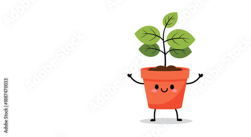 Friendly little plant in an orange pot with a smiling face waving its hands in a cheerful greeting on white surface.