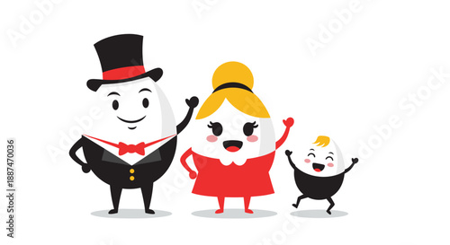 Humorous family of egg characters featuring a father in a tuxedo with top hat and mother in a bright red dress.