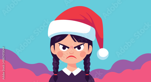 Grumpy cartoon girl with dark braids wearing a red and white Santa hat against a vibrant wavy purple background.