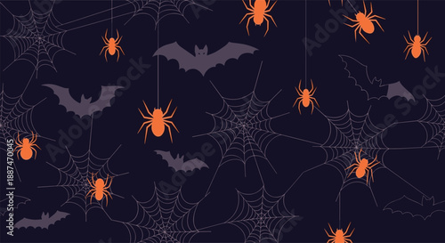 Spooky Halloween pattern with orange spiders on white webs and purple bats scattered across a dark blue surface.
