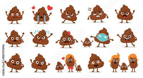 Extensive set of funny brown poop emojis with various facial expressions and holiday themes on a white background.