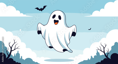 Playful cartoon ghost flying through a blue sky with white clouds among bats and spooky winter tree silhouettes.