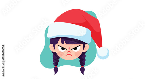 Grumpy face of a cartoon girl with dark pigtails wearing a festive red Santa hat over a white and teal background.
