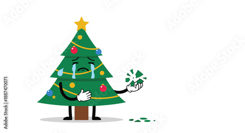 Sad cartoon Christmas tree character with a crying face holding a broken green ornament piece in its hand on white.