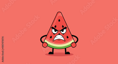Grumpy cartoon watermelon slice character with hands on hips and an angry facial expression on a red background.