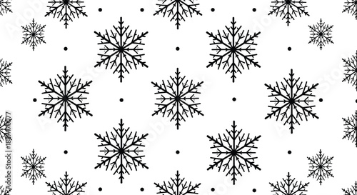 Minimalist geometric pattern of black snowflakes and small dots arranged in a repeating grid on a white background.