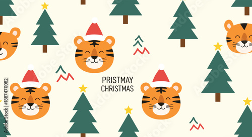 Adorable pattern of tiger heads wearing red Santa hats and green Christmas trees on a simple cream background.