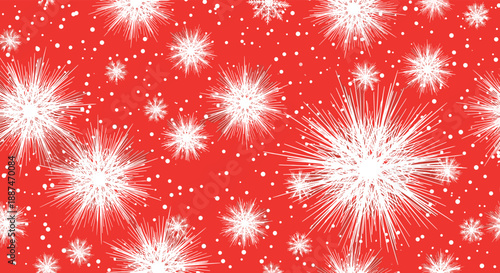 Energetic winter background featuring many white starburst style snowflakes of various sizes on a bright red field.