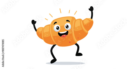 Happy cartoon croissant character with a cheerful face jumping with its arms and legs spread wide on white surface.