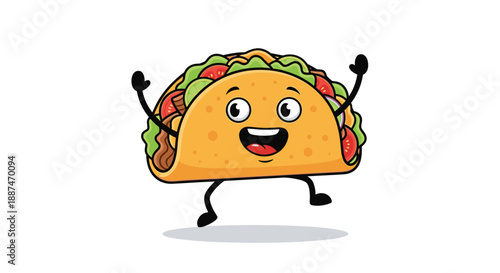 Happy cartoon taco character with arms and legs jumps for joy against a clean white background for Mexican food themes.