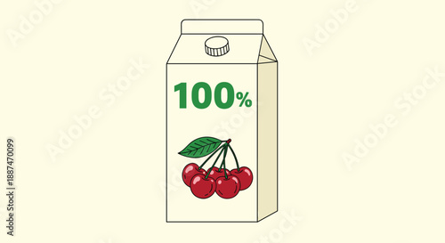 Paper carton of natural cherry juice displays a vibrant illustration of fresh red fruit on a pale yellow background.