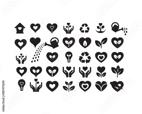 Eco friendly heart silhouettes with nature and sustainability icons for environmental conservation and green love vector illustration