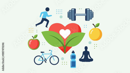Healthy lifestyle concepts with heart, fitness, and nutrition icons