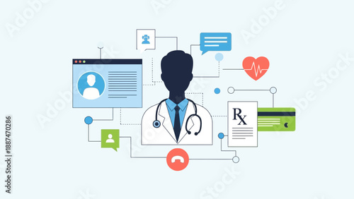 Doctor connected to various medical and communication icons