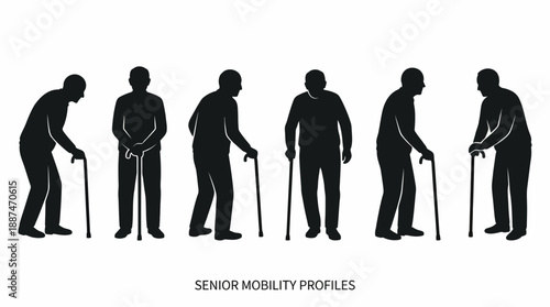 Senior Mobility Profile Icon Set – 6 Black Silhouettes Featuring Cane-Assisted Postures for Aging, Geriatric Care, and Physical Therapy Use