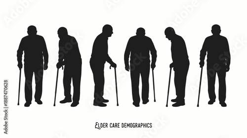 Senior Mobility Profile Icon Set – 6 Black Silhouettes Featuring Cane-Assisted Postures for Aging, Geriatric Care, and Physical Therapy Use