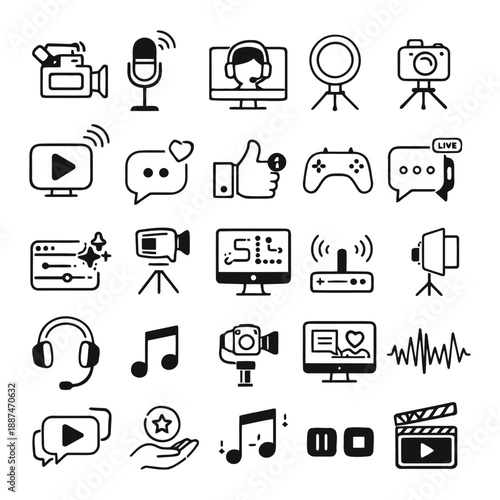 Multimedia icons collection featuring various media devices and symbols in a simple black line art style