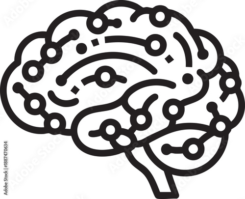 Stylized human brain with interconnected nodes and circuits, representing artificial intelligence, isolated on white background