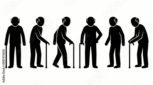 Senior Mobility Profile Icon Set – 6 Black Silhouettes Featuring Cane-Assisted Postures for Aging, Geriatric Care, and Physical Therapy Use