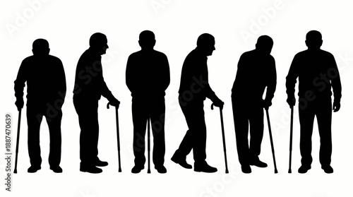 Senior Mobility Profile Icon Set – 6 Black Silhouettes Featuring Cane-Assisted Postures for Aging, Geriatric Care, and Physical Therapy Use