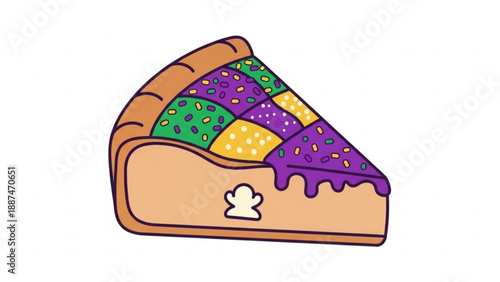 King Cake Slice with Purple Glaze and Plastic Baby Isolated on White Background