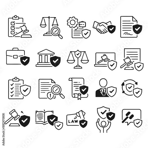Collection of black and white legal icons representing justice, law, and security concepts