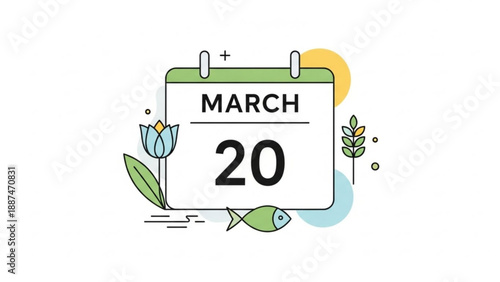 Spring Equinox Calendar with Fish and Flowers on March 20