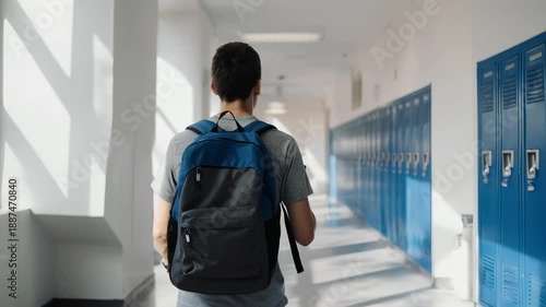 Wallpaper Mural Teenager walking down school hallway with lockers looking at his smartphone Torontodigital.ca