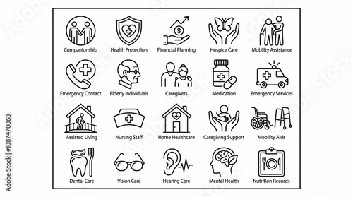 Healthcare Service Icon Set – 24 Black-and-White Line Vectors Featuring Medical, Emergency, Geriatric, and Wellness Concepts for Clinical, Informational, and Educational Use