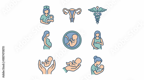 Maternal Health & Pregnancy Icon Set – 9 Pastel-Colored Vectors Featuring Motherhood, Fetal Development, and Medical Care for Educational and Clinical Use