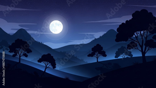 Full Moon Night Landscape with Silhouetted Trees and Mountains