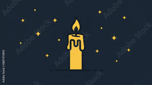 Yellow Candle Burning with Melted Wax on Dark Blue Background with Stars